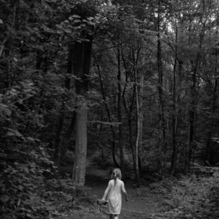 A girl in a white dress walks through a serene forest, capturing a moment of exploration and wonder.