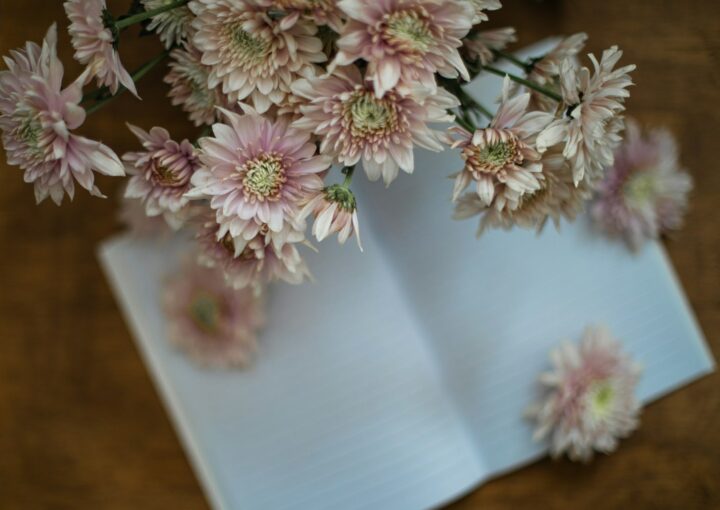 a bunch of flowers sitting on top of an open book