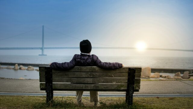 person sitting on bench facing suspension bridge